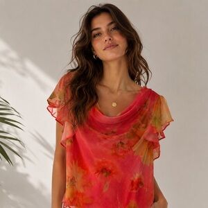 Studio 17 Coral Red Floral Flutter Sleeve Blouse